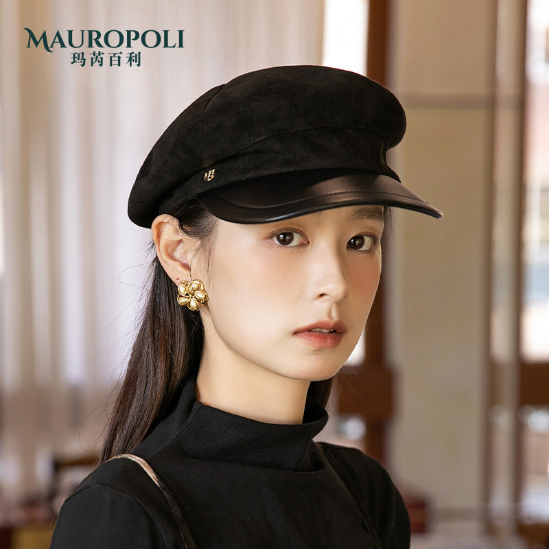 鸭舌帽女秋冬PU定型帽檐画家帽子