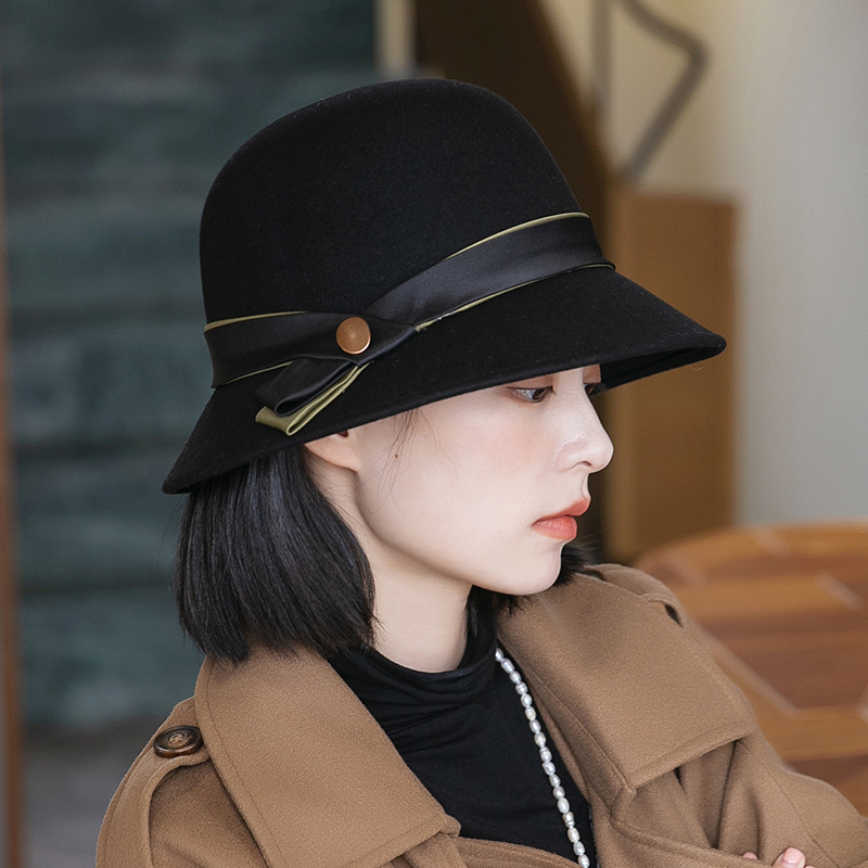 礼帽女秋冬新款黑色毡帽复古时尚百搭渔夫帽毛呢盆帽羊毛帽子女冬