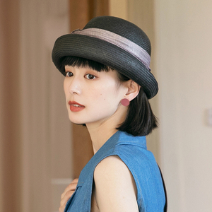 礼帽女夏天黑色时尚纸草遮阳帽女式防晒小帽子法式卷边太阳帽草帽