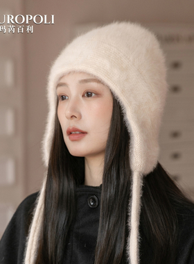 冬季加厚兔毛针织帽女显脸小帽子女款护耳包头帽保暖系绳毛线帽女