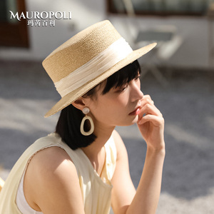 拉菲草帽女夏天海边平顶帽出游遮阳帽沙滩海边度假草编织防晒帽子
