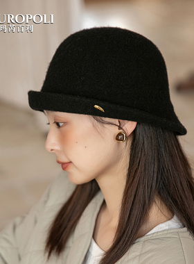 新款渔夫帽女款冬法式复古卷边小头围帽子女士礼帽黑色毛呢贝雷帽