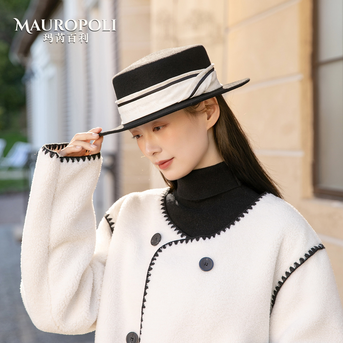 100%纯羊毛礼帽女法式毛呢平顶帽