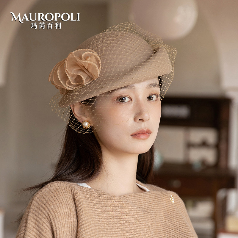 帽子贝雷帽女秋冬季法式复古网纱小礼帽2025新款时尚女士羊毛毡帽