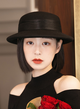 新款黑色礼帽女秋冬英伦复古赫本羊毛呢毡帽法式时尚百搭帽子女冬
