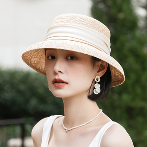 草帽女夏季沙滩防晒帽时尚拉菲草草编遮阳帽新款法式宝草灯罩帽子