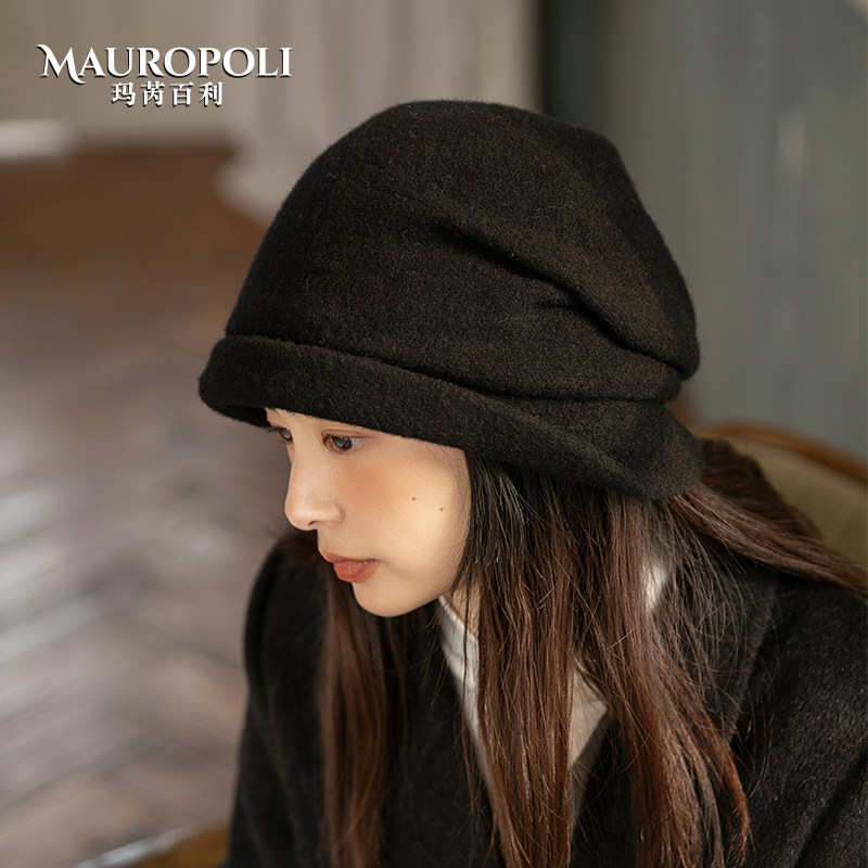 堆堆帽女秋冬卷边纯羊毛渔夫帽