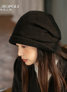 新款洋气黑色渔夫帽女士秋冬羊毛呢冷帽卷边帽子时尚保暖女款冬帽
