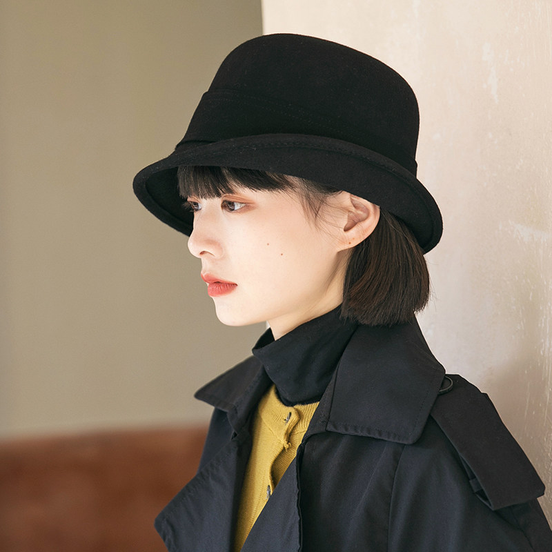 渔夫帽女秋冬羊毛呢黑色复古盆帽