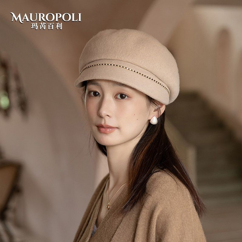鸭舌帽女秋冬纯羊毛画家帽