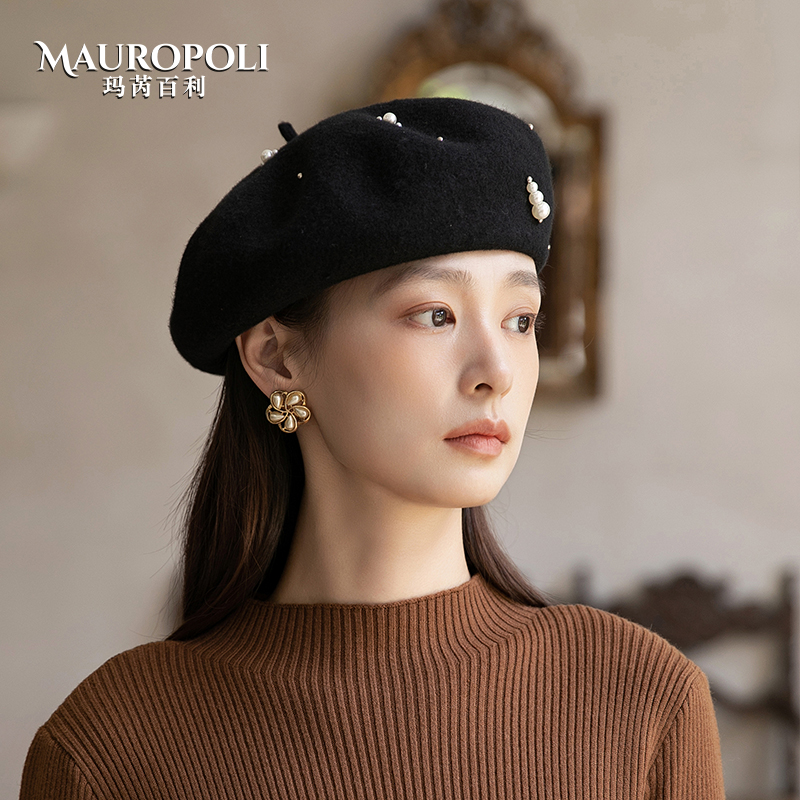 贝雷帽女秋冬羊毛护耳保暖画家帽