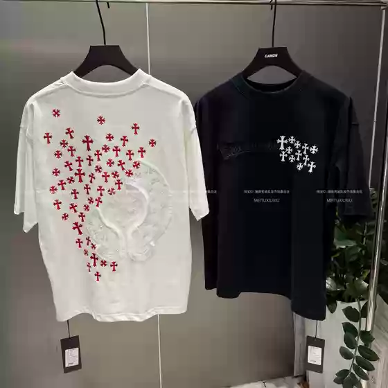 Trendy Brand High-End Cross Embroidery Loose Short-Sleeve T-Shirt for Men, New Summer Casual Versatile Wide-Fit Crew Neck Top