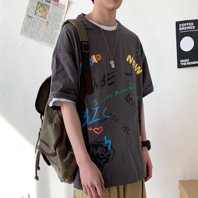 2021 summer men's new Hong Kong style leisure short sleeve printing loose Korean fashion half sleeve