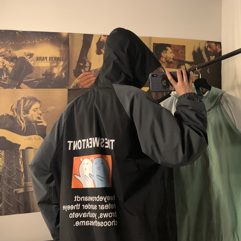 Hong Kong Style autumn new casual jacket printed loose hooded trend color matching coat for men