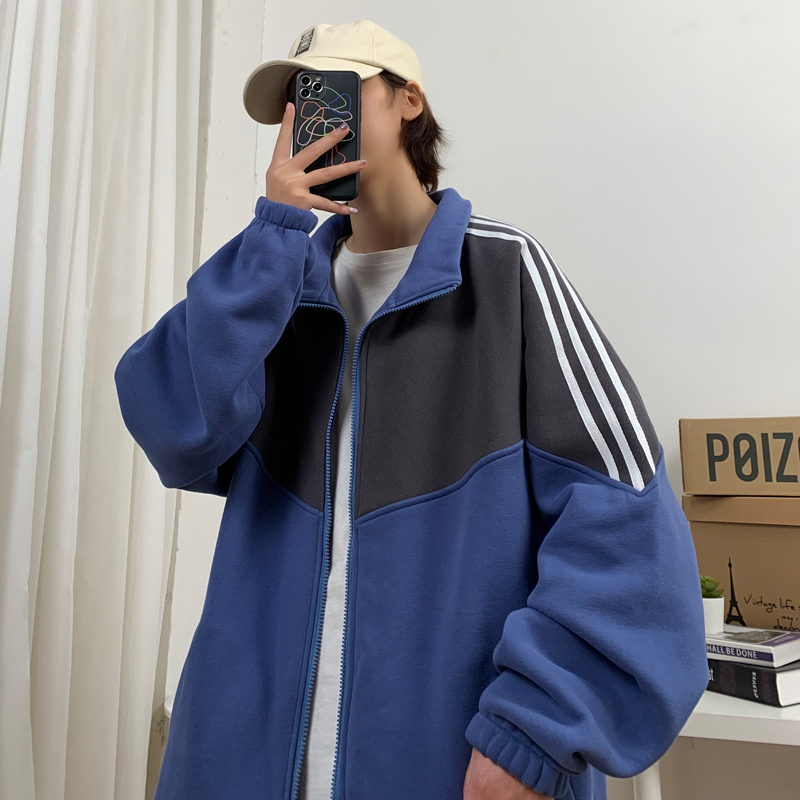 Sweater men's ins port style casual top fashion Plush thickening contrast color cardigan coat