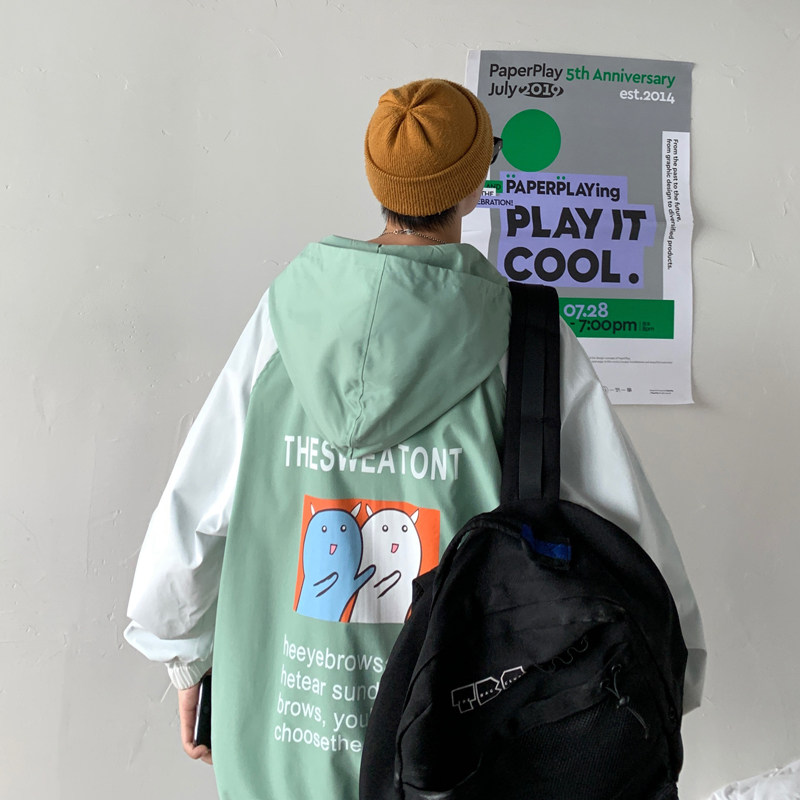 Hong Kong Style autumn student casual jacket printed loose hooded trend contrast coat man