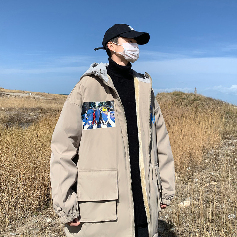 Ins port style winter cotton padded men's loose large size solid color hooded casual coat trend