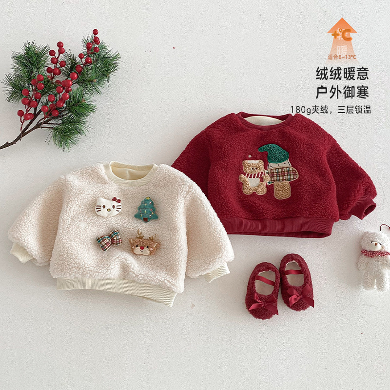 儿童圣诞节卫衣2026新款冬季女童卡通加厚拜年服宝宝猫咪小熊上衣