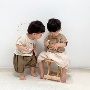 男童纯棉T恤女童麻棉裤子套装女宝宝上衣裤子两件套2026夏款韩版