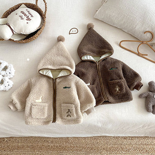 儿童颗粒绒毛毛衣2026新款冬季男童刺绣卡通连帽外套宝宝加厚冬装