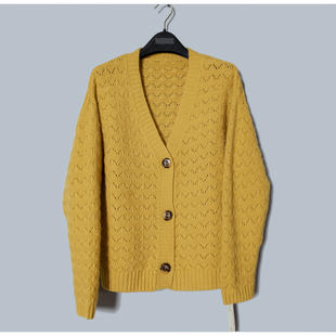 狮Q高端羊毛品牌折扣特卖2200宽松提花100羊毛V领毛针织开衫 外套