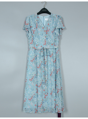 米欧N高端大牌折扣专柜正品3360气质雪纺印花收腰V领飞飞袖连衣裙