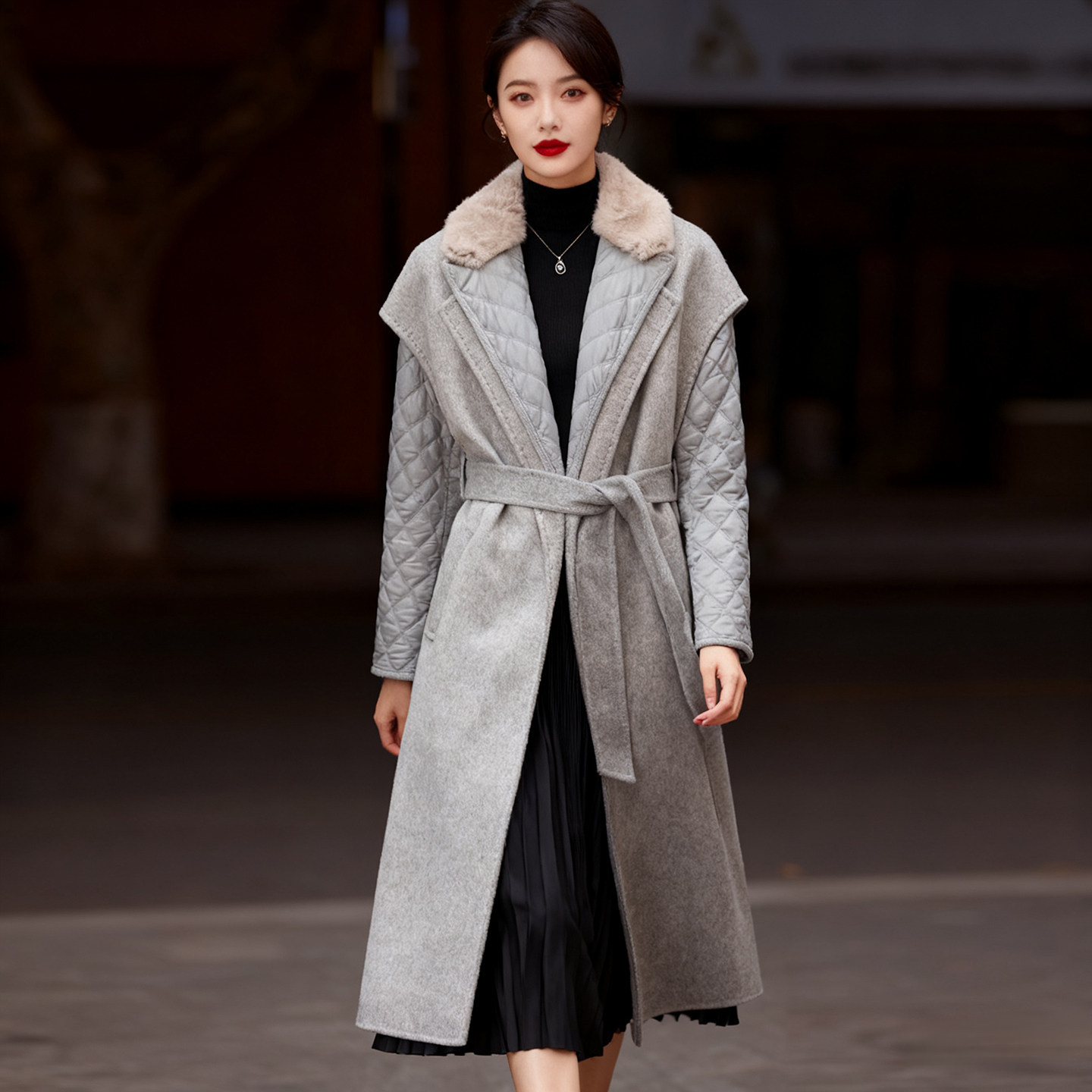 梅S*N大牌折扣专柜正品21380连帽羊绒大衣桑蚕丝水貂领棉服两件套