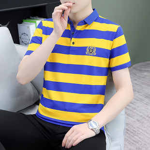短袖条纹翻领POLO男衫时尚活力青年休闲衬衫领t恤轻柔棉男士上衣