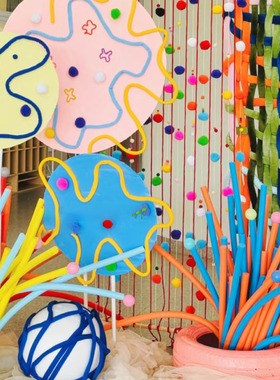 彩色粗毛线团幼儿园编织区多巴胺环创美工区角墙面装饰diy粗线条