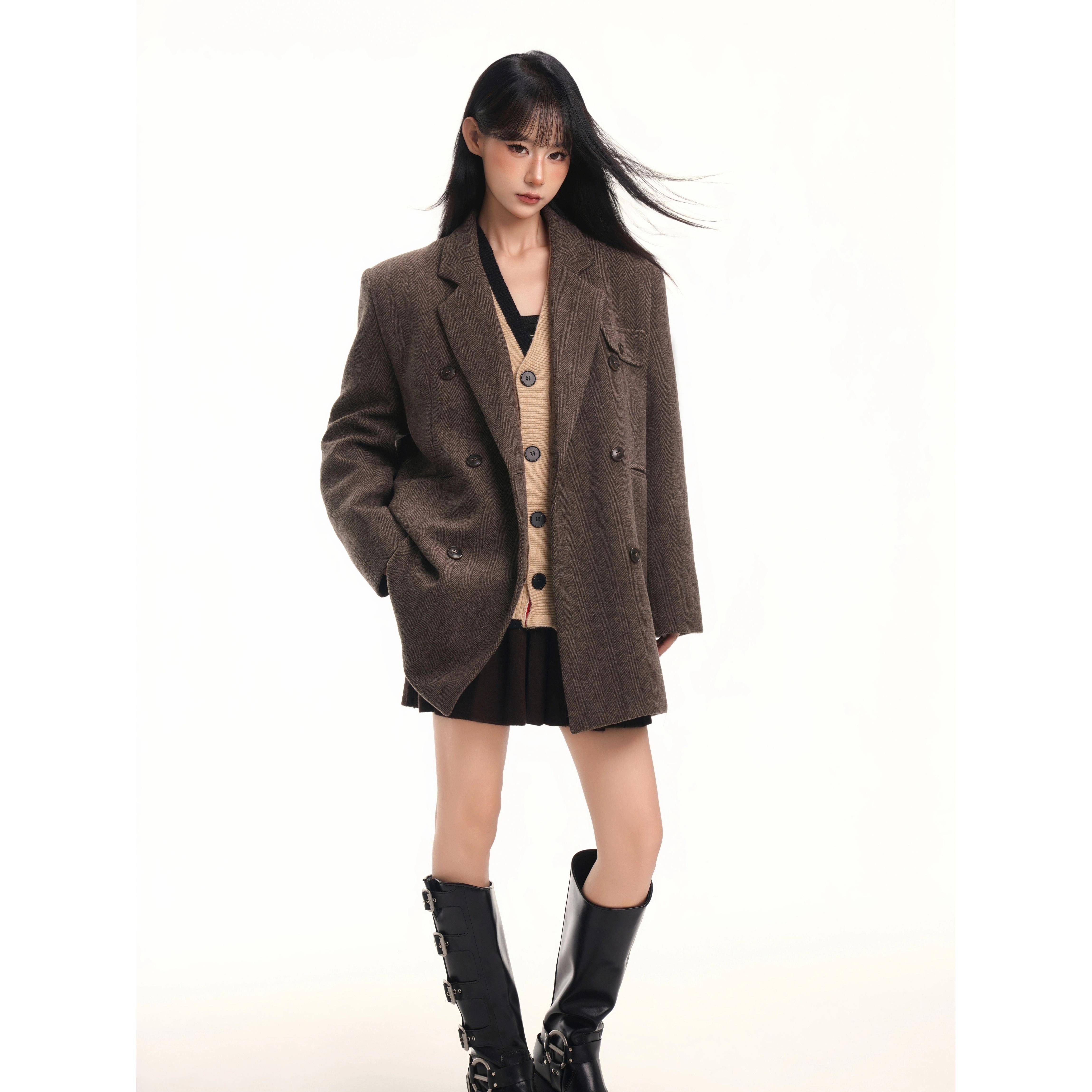 Byemypie套装羊绒女式秋冬高端美拉德式绗缝中长女式外套