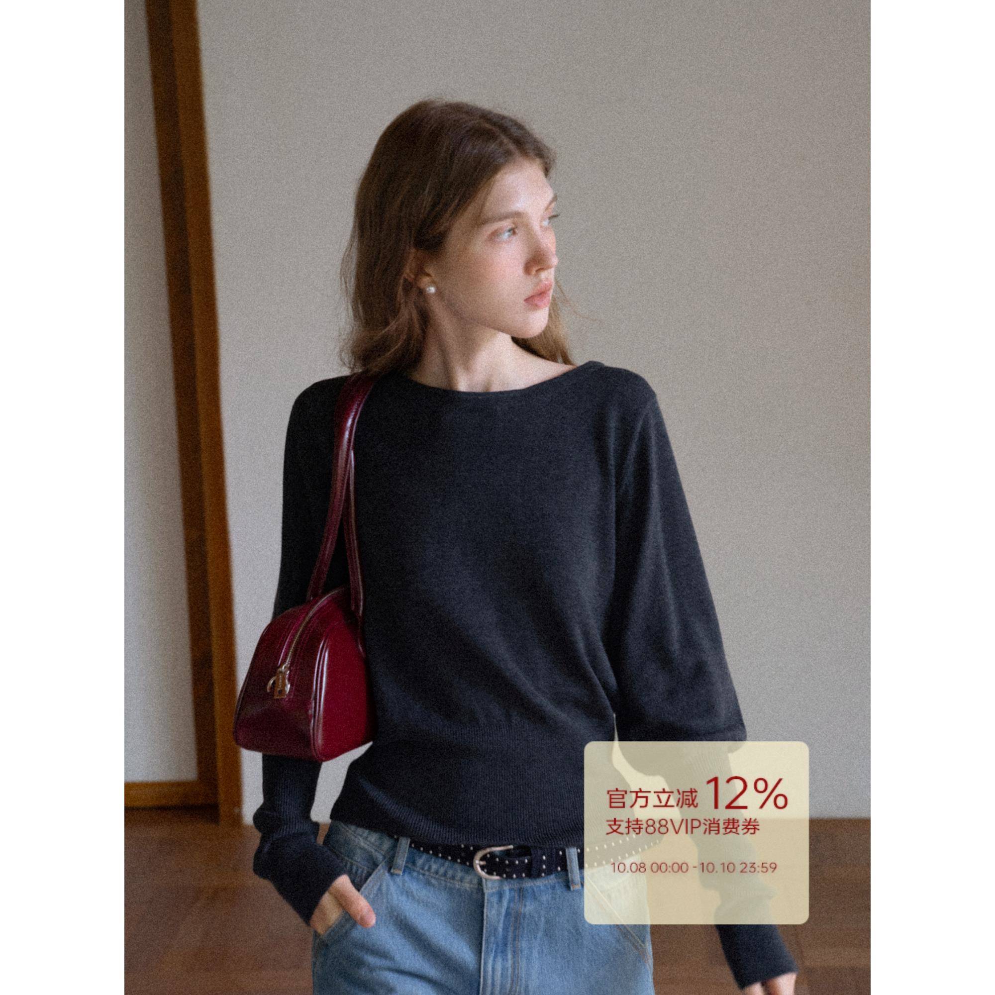 EGGKA法式圆领收腰毛针织衫女秋冬简约气质通勤长袖宽松显瘦上衣