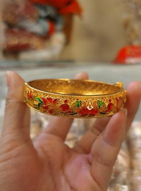 琅荷花手镯复越南沙金卡莲花手环小红书同扣9.9.03款国潮古开口珐