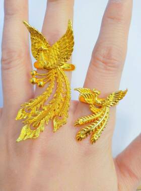 秀古法凤指凰花边戒25.1.23.女中式婚嫁风金色戒金可调节禾服仿真