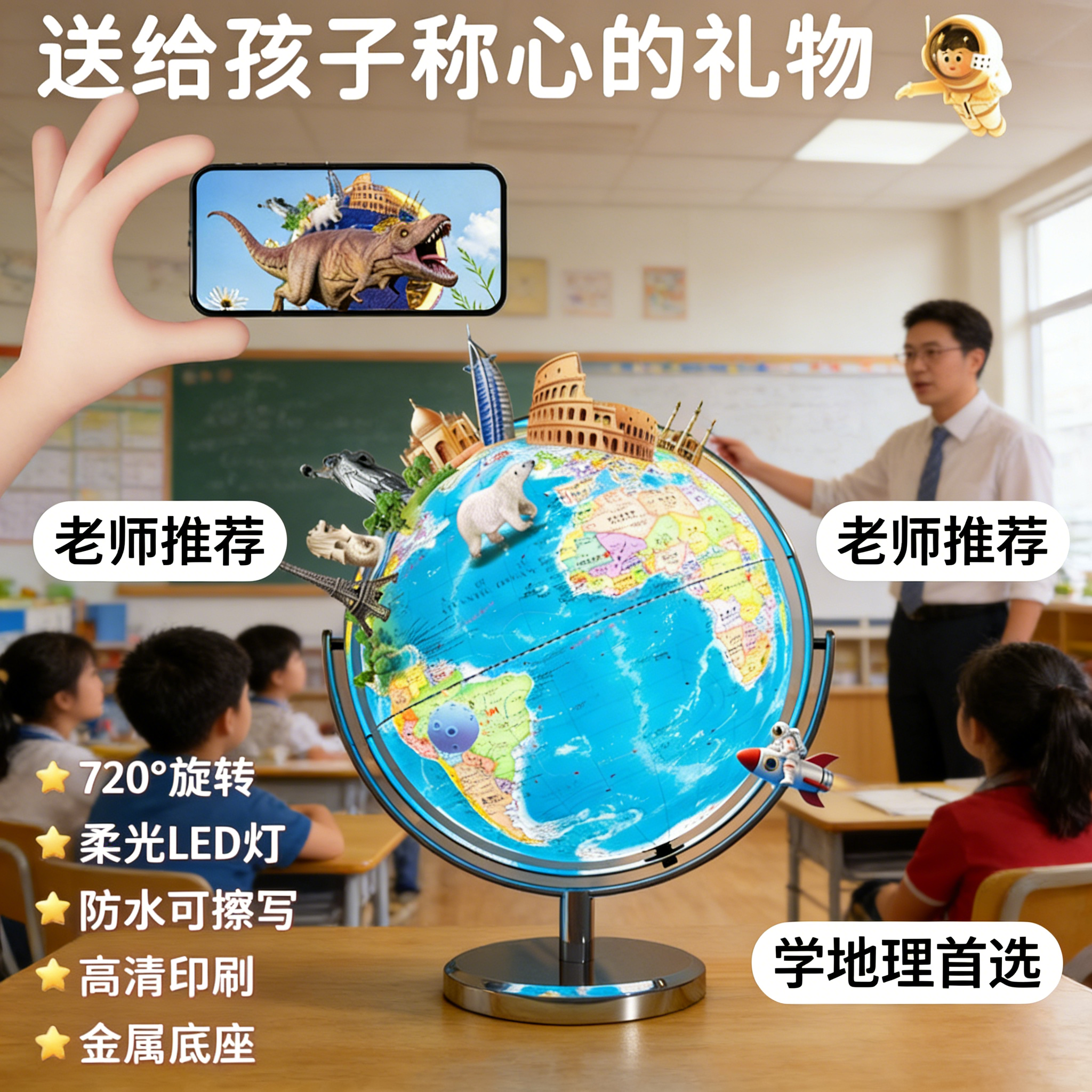 学生地球仪720°旋转LED灯防水可擦写高清印刷金属底座礼物