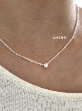 细细的迷你白水晶珍珠锁骨链白搭精致925银配件叠戴