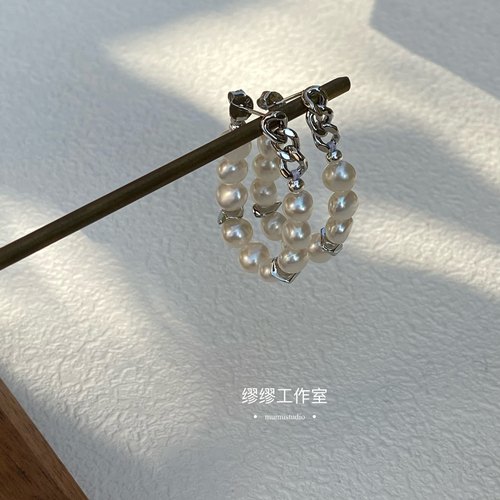 原创百搭时髦链子耳圈天然淡水珍珠小巴洛克百搭日常银色修饰脸型