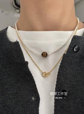 秋冬新款珍珠虎眼石项链女简约百搭毛衣链小众设计感锁骨链礼物