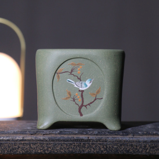 紫砂花盆手绘泥绘彩绘正方形盆景盆桌面盆栽苏兵苹果绿泥精品精工