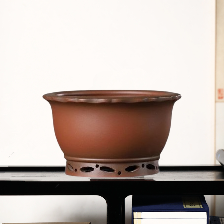 紫砂花盆仿古圆形镂空底宜兴传统花边圈足专业盆景盆桌面盆栽