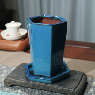 紫砂花盆六角形六方形带托盘带底座兰花盆兰盆陶瓷盆景盆桌面盆栽