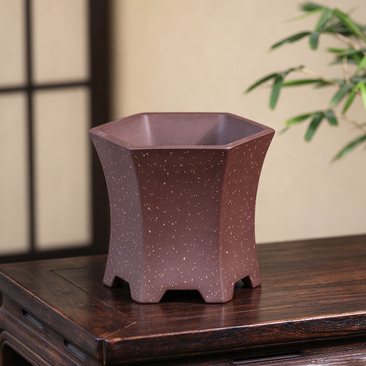 紫砂花盆手工盆朱永南紫泥铺砂六角形六方形客厅桌面兰花盆兰盆