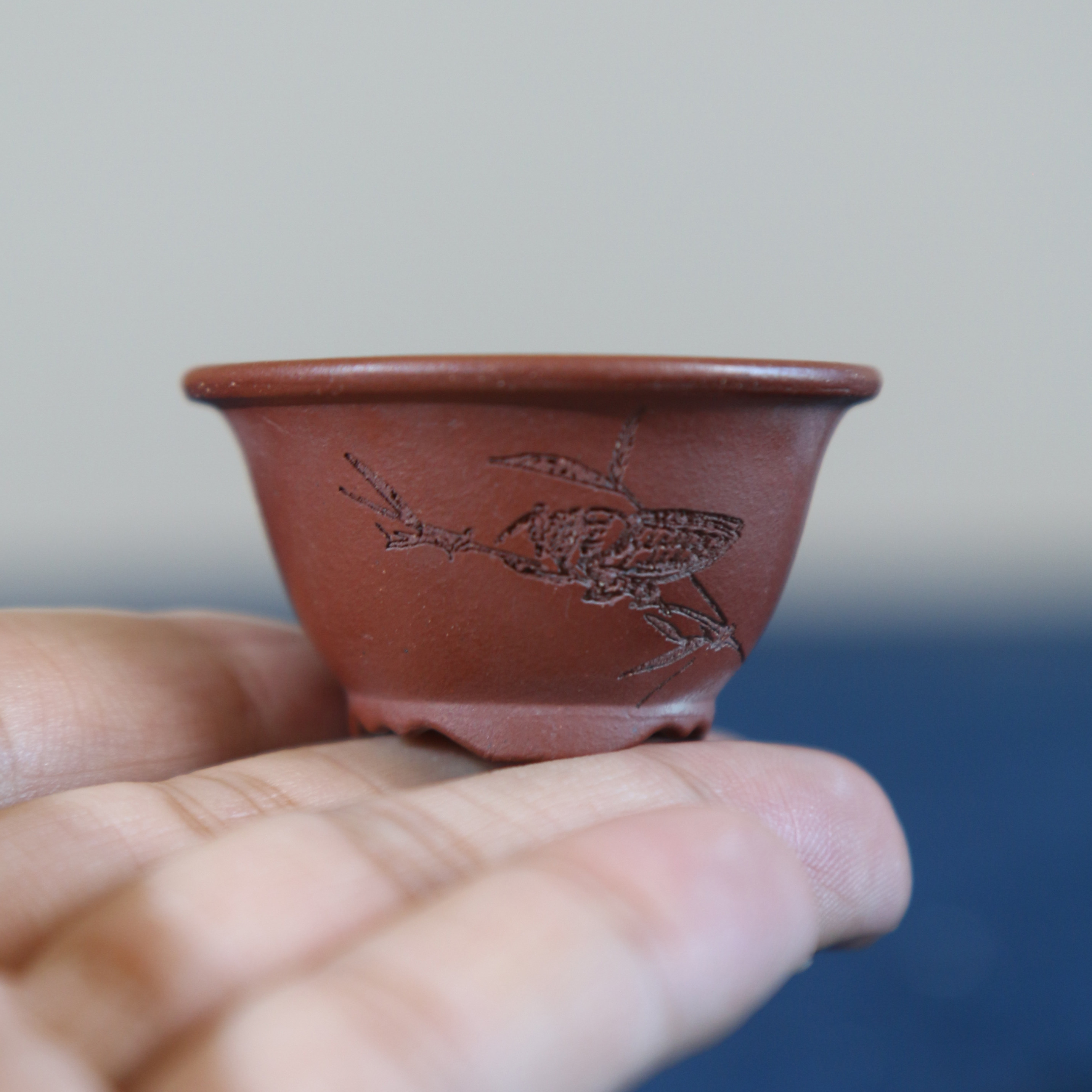 紫砂花盆圆口袖珍迷你小碗花脚手工刻绘盆景盆倾雅微型拇指菖蒲盆