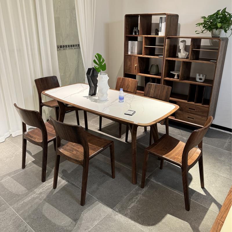 新中式北美黑胡桃木岩板餐桌椅组合 意式轻奢别墅1桌6椅实木家具