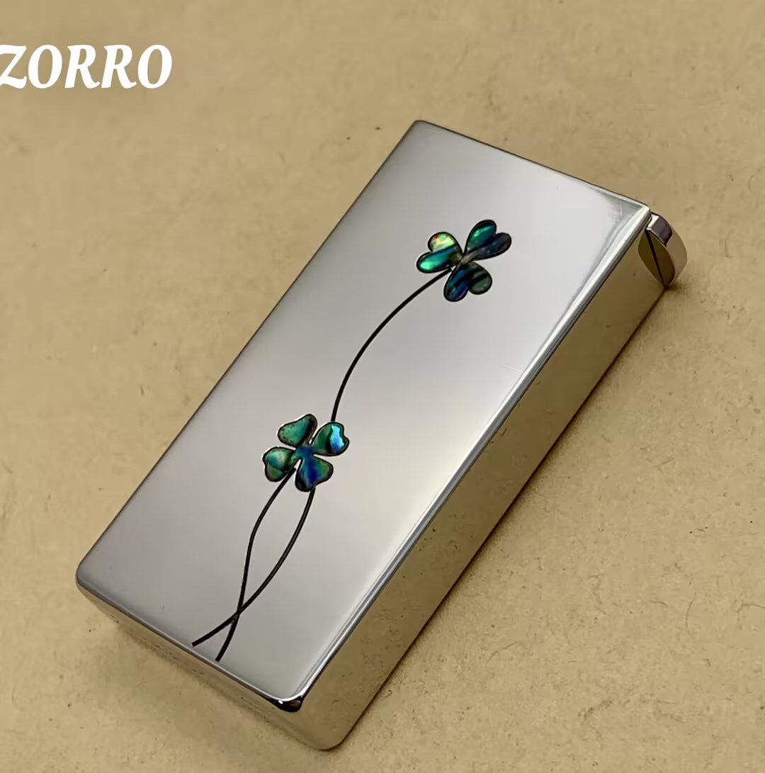 佐罗729白镍天然鲍鱼彩贝镶嵌四叶草精致黄铜煤油打火机男士送礼