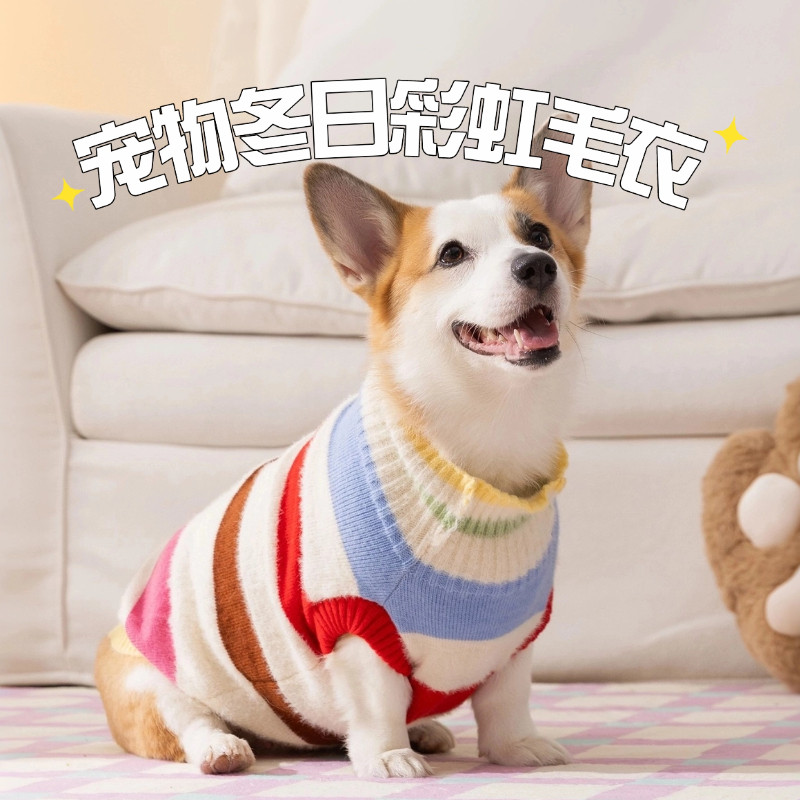 宠物衣服柯基专用彩虹苹果条纹秋冬季保暖中型犬套头毛衣狗狗衣服