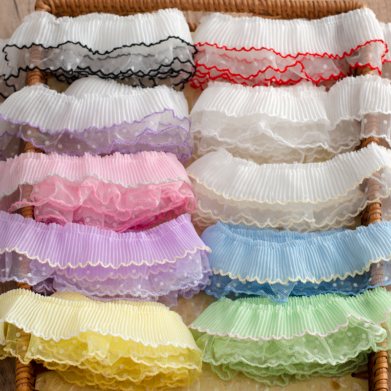 MAMASA手工皱褶双层点点无弹蕾丝