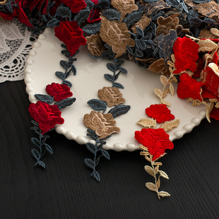 宽4cm复古彩色玫瑰花刺绣水溶花边 汉服民族风新中式蕾丝辅料