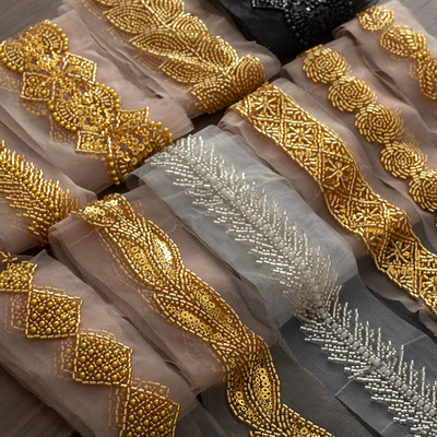 民族风重工金色珍珠亮片网纱花边