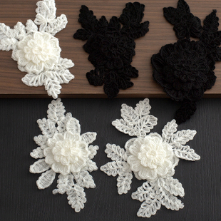 毛线编制电脑绣立体花朵 针织毛衣黑白蕾丝布贴