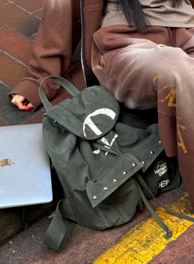 韩国小众品牌Deinet双肩包D字母大号抽绳口袋铆钉帆布背包女